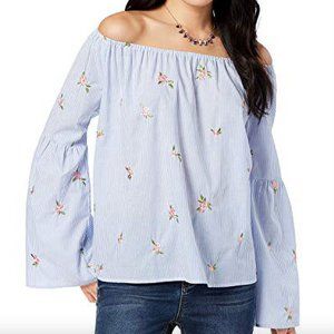 GYPSIES & Moondust Stripe Floral Embroidered Bell Sleeve High-Low Blouse